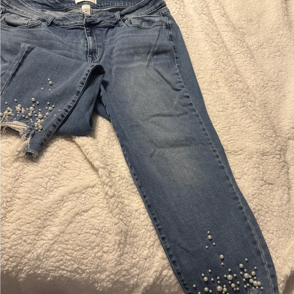 Lane Bryant Blue Skinny Jeans with Rhinestone Embellishments